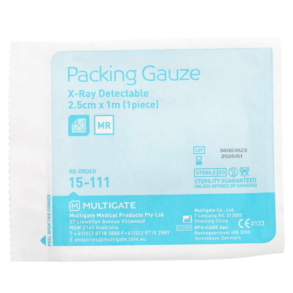Multigate Packing Gauze X-Ray Detectable Individually Wrapped 2.5cm X 1m Sterile