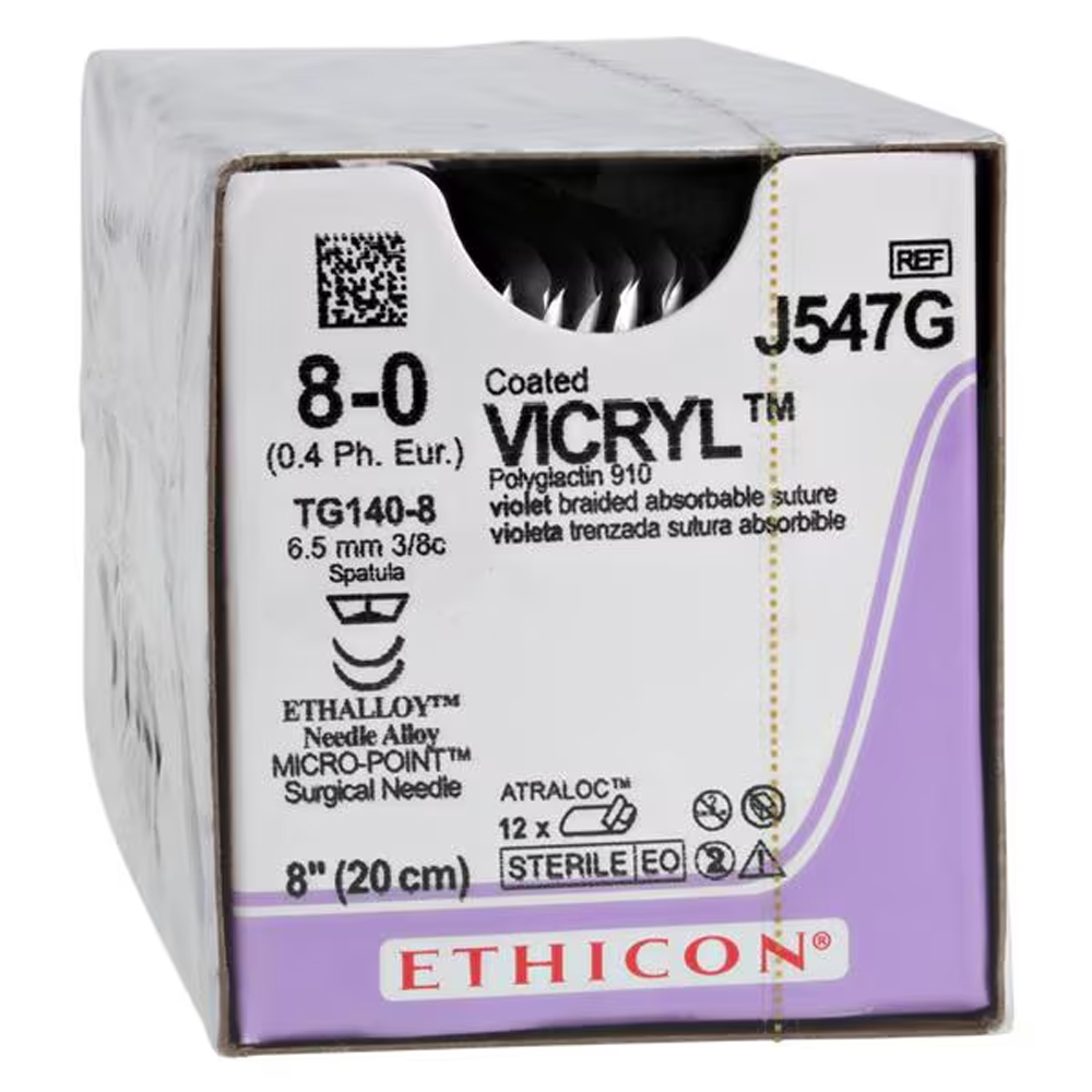 Vicryl Coated Polyglactin 910 Violet Braided Absorbable Suture 8-0 TG140-8 6.5mm 20cm - Box (12 Pcs)